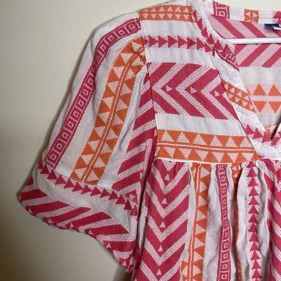 OLD NAVY Pink Orange V Neck Swing Peasant Blouse 100% Cotton Boho Aztec Sz L - Picture 3 of 8